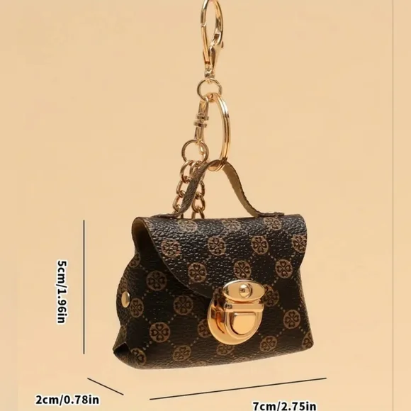 Elegant Earbud Miniture Handbag Carring Case Brown and Goldtone Keychain - Picture 4 of 8